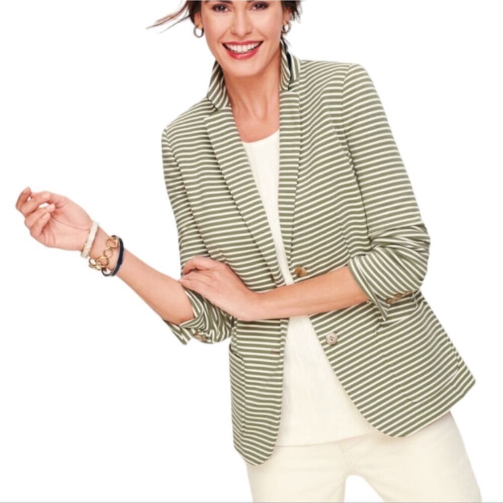 Talbots ABERDEEN KNIT BLAZER - Moss Green and White STRIPE PIQUE Size 2 XS